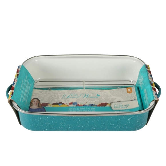 ❤️ New Pioneer Woman Teal Speckle Enamel on Steel Roaster with Rack - Picture 7 of 10